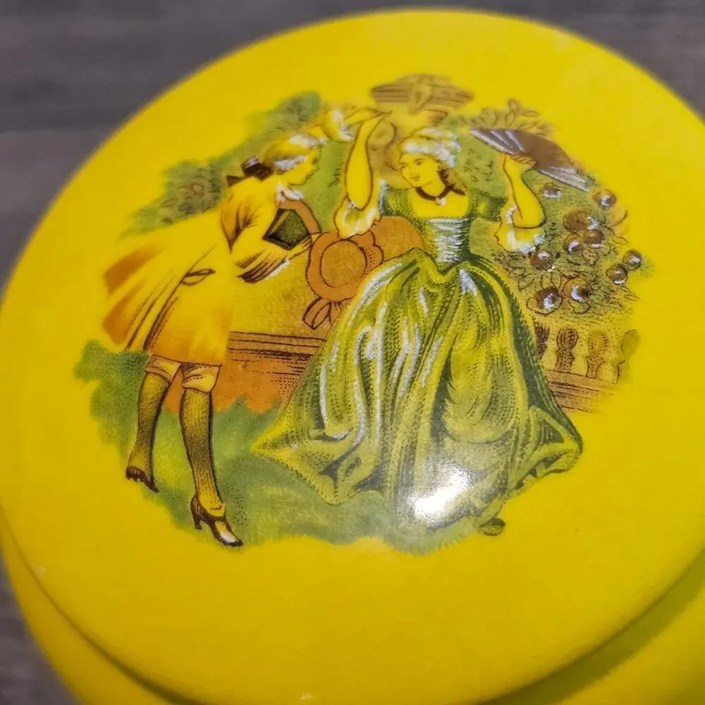 Vintage Victorian Trinket Jewelry Box Yellow Round Ceramic Keepsake Medieval